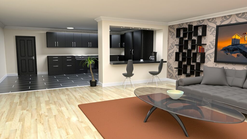 Digitally created apartment interior virtual tour.