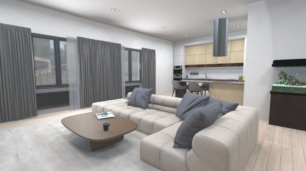 Modern apartment interior created as a digital virtual tour.